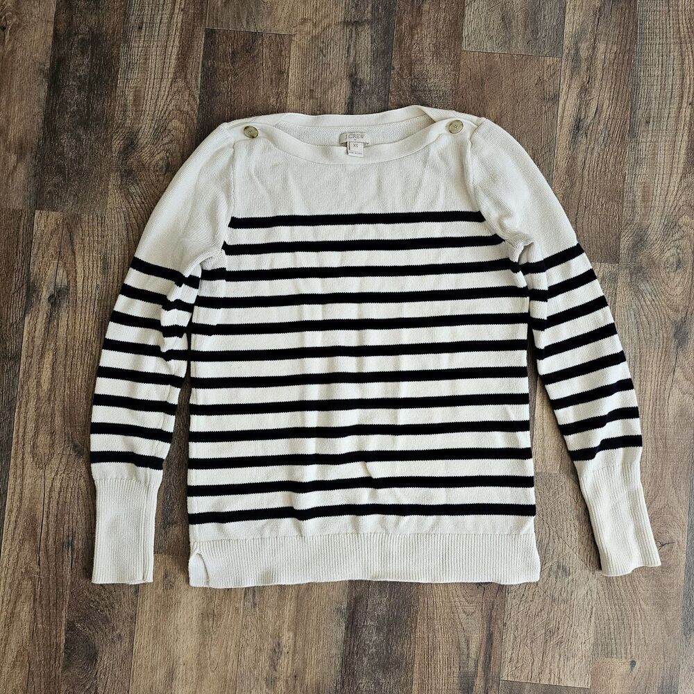J.Crew Striped Boatneck Sweater Cream Black Button Shoulder Prep Womens XS
